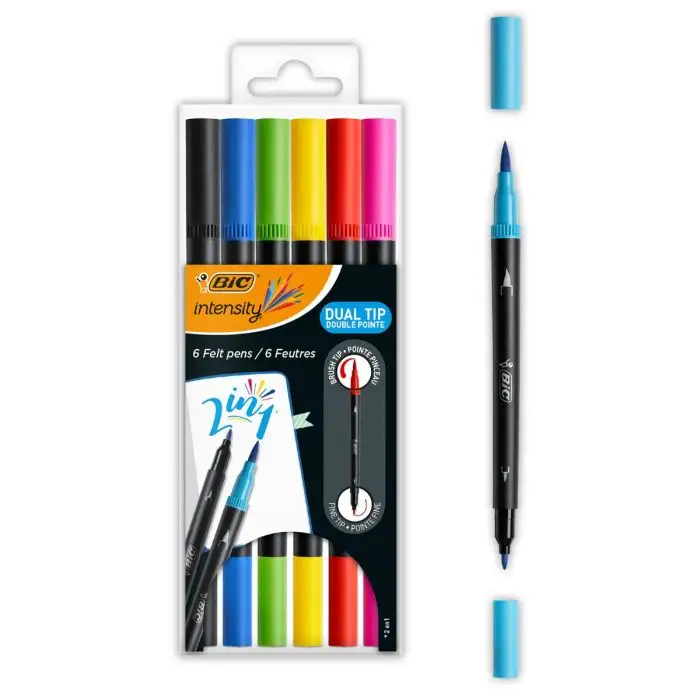 Bic Intensity Dual Tip Pack de 6 Rotuladores Doble Punta - Punta de Pincel + Punta Fina - Tinta con Base de Agua - Colores Clasicos Surtidos