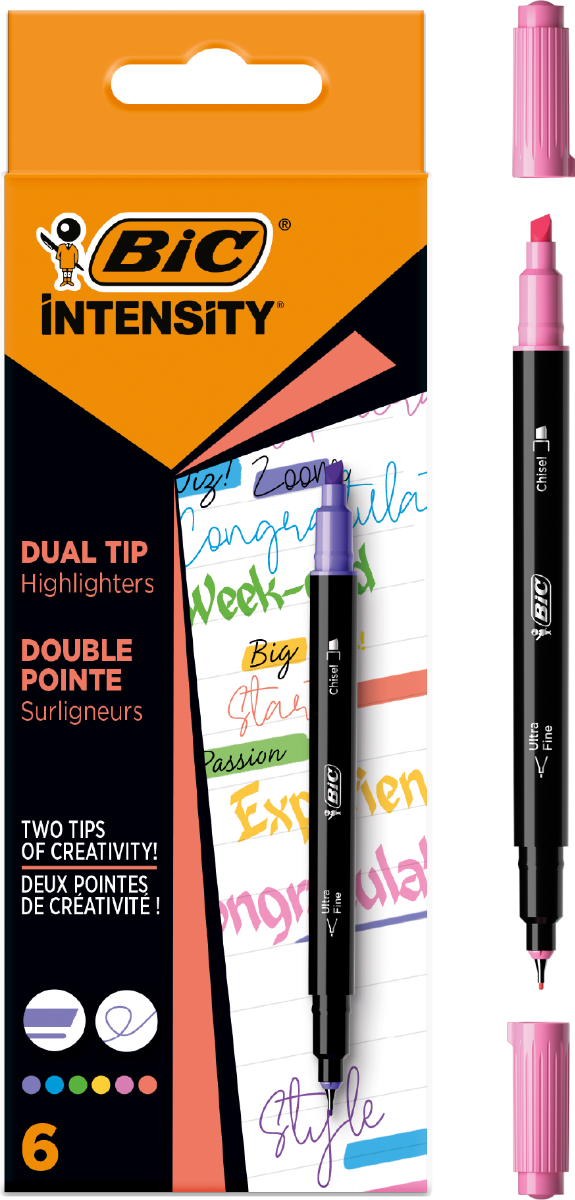 Bic Intensity Dual Tip Pack de 6 Rotuladores Doble Punta - Punta de Biselada + Punta Fina 0.04mm - Tinta con Base de Agua - Colores Surtidos