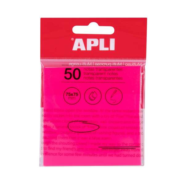 Apli Notas Adhesivas Transparentes Bloc 50 Hojas 75x75mm - Para Anotar sin Perder la Visibilidad del Texto o la Imagen - Resistentes al Agua - Color Rosa