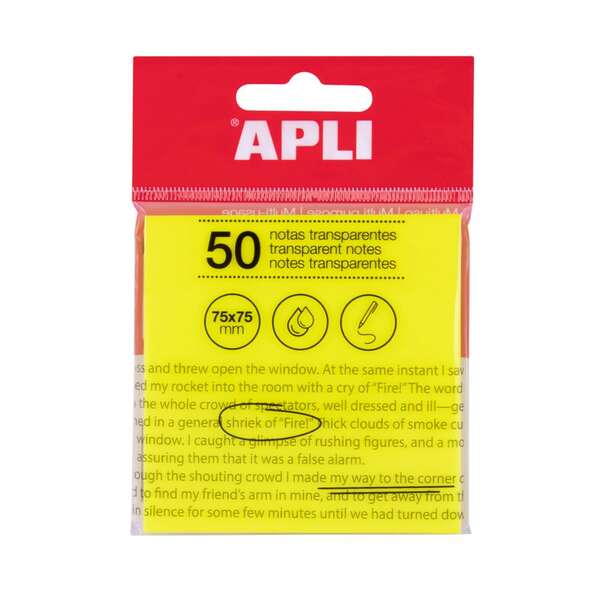 Apli Notas Adhesivas Transparentes Bloc 50 Hojas 75x75mm - Para Anotar sin Perder la Visibilidad del Texto o la Imagen - Resistentes al Agua - Color Amarillo