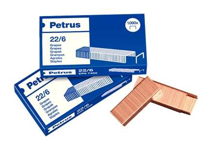 Petrus Pack de 4 Cajas de 1000 Grapas 22/6 Cobreadas - Hasta 30 Hojas - Patilla de 6mm