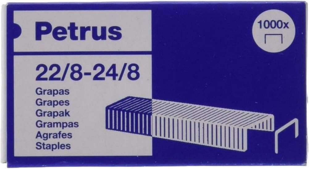 Petrus Caja de 1000 Grapas 22/8-24/8 Cobreadas - Hasta 40 Hojas - Patilla de 8mm