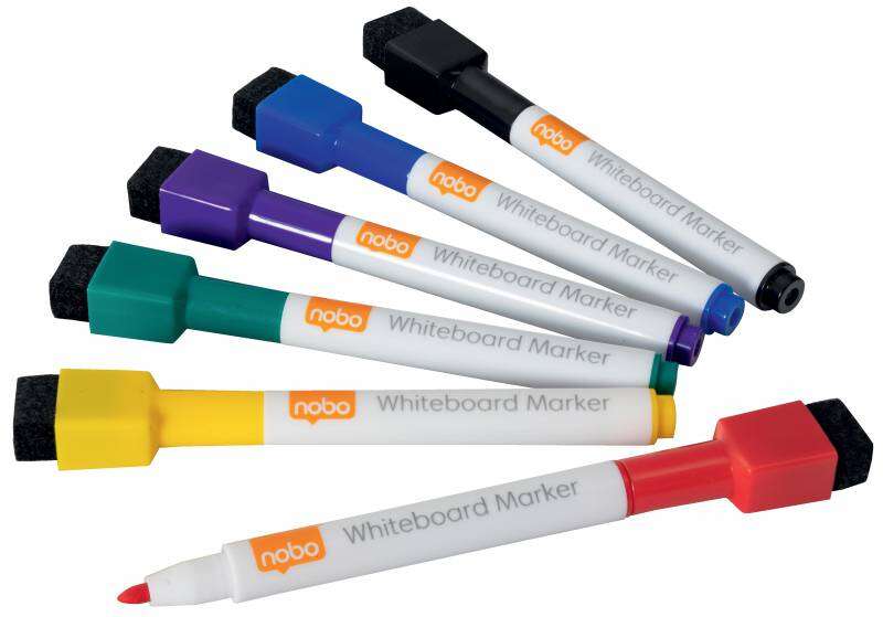 Nobo Mini Rotulador Pizarra Blanca con Tapa Borrador Magnetica - 6 Colores Surtidos - Punta Fina 2mm - Destaca en Pizarras Blanc