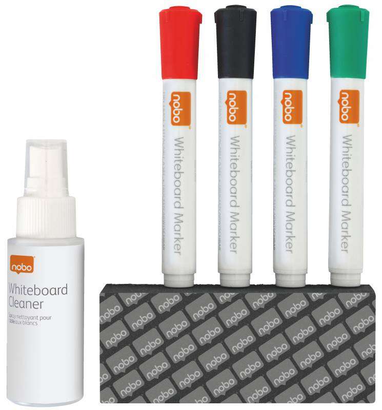 Nobo Pack de Accesorios para Pizarra Blanca - Incluye: 4 Rotuladores Pizarra, Borrador y Spray Limpiador 50Ml - Colores de los R