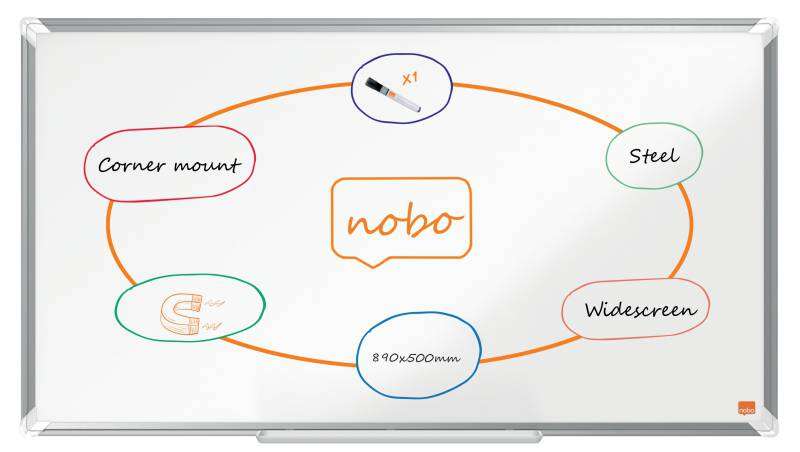 Nobo Premium Plus Pizarra Magnetica de Acero Lacado Panoramica 890x500mm - Montaje en Esquina - Blanco