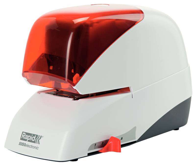 Rapid Grapadora Electrica Supreme R5050E - 50 Hojas - Carga de Cartucho - Duradera - Plata/Naranja