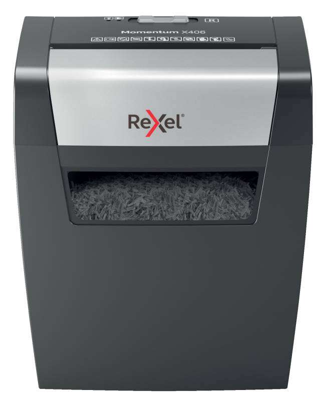 Rexel Momentum X406 Destructora Papel Corte Confeti P-4 - Destruye hasta 7 Hojas a la Vez - Capacidad de la Papelera 15L - Color Gris/Plata