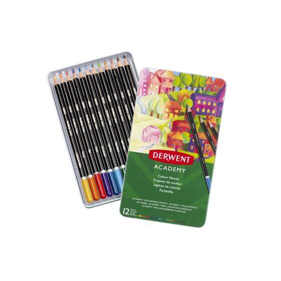 Derwent Academy Pack de 12 Lapices de Colores de Gran Calidad - Transferencia de Color Perfecta - Cuerpos de Madera Natural - Colores Surtidos