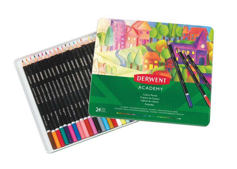 Derwent Academy Pack de 24 Lapices de Colores de Gran Calidad - Transferencia de Color Perfecta - Cuerpos de Madera Natural - Colores Surtidos