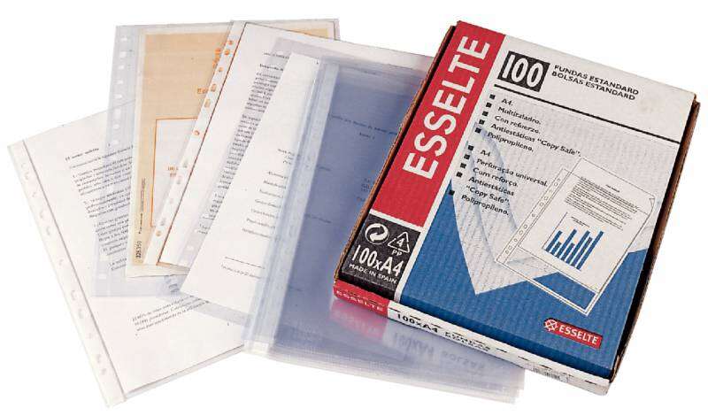 Esselte Pack de 100 Fundas Porta Documentos Multitaladro PP - Tamaño Folio - Calidad Luxe Cristal Liso Extra - Transparente
