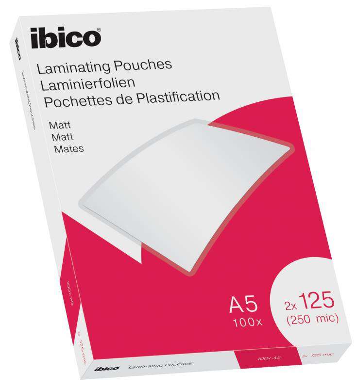 Ibico Caja de 100 Laminas de Plastificar Mate A5 125 Micras - Superficie Mate - Plastifica Papel, Fotos, Tarjetas de Visita - Transparente