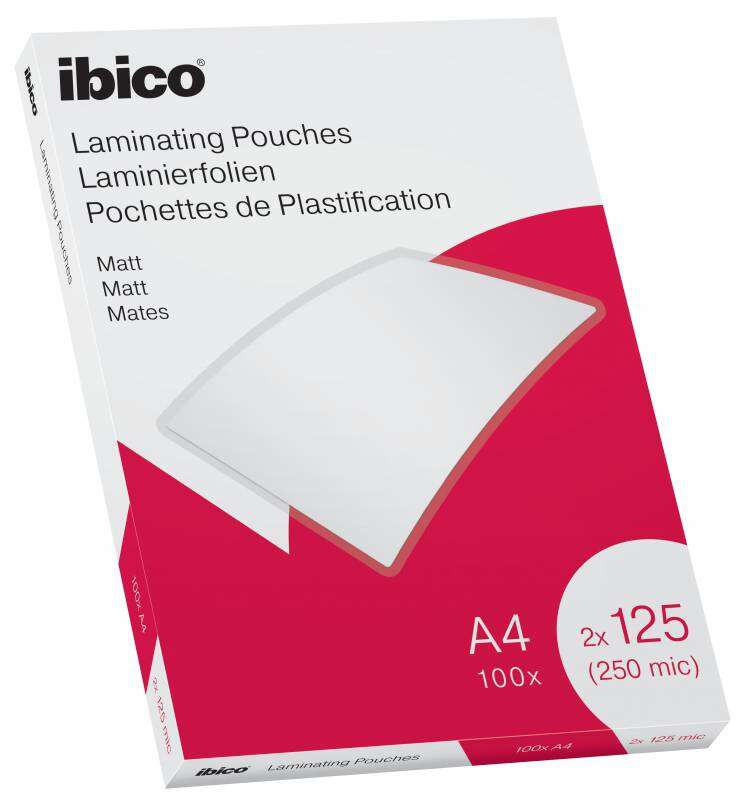 Ibico Caja de 100 Laminas de Plastificar Mate A4 125 Micras - Superficie Mate - Plastifica Papel, Fotos, Tarjetas de Visita - Transparente