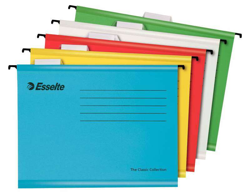 Esselte Classic A4 Carpeta Colgante Reforzada - Pack de 10 - 10 Veces Mas Resistente - Colores Brillantes - Visores de Plastico Transparente - Etiquetas Blancas - 100% Carton Kraft Reciclado - Surtidos