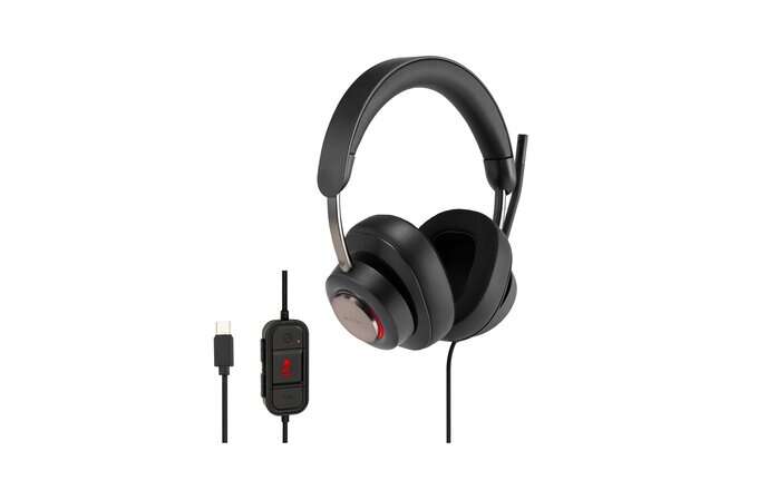 Kensington H2000 Auriculares Circumaurales con Microfono USB-C - Diadema Ajustable - Almohadillas de Gel con Efecto Refrescante - Cancelacion de Ruido - Cable Trenzado de 1.80m - Incluye Bolsa de Transporte - Color Negro