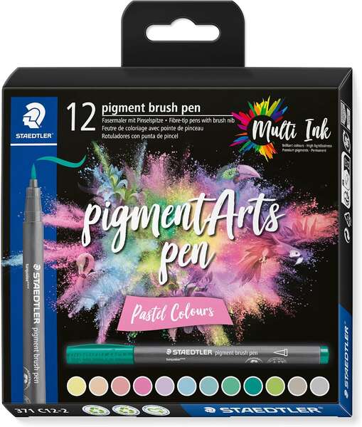 Staedtler 371 Pack de 12 Rotuladores Punta de Pincel Suave - Colores Vivos y Brillantes - No Amarillea con el Paso del Tiempo - Nueva Tinta Multi Ink - Pigmentos de Primera Calidad - Colores Pastel Surtidos