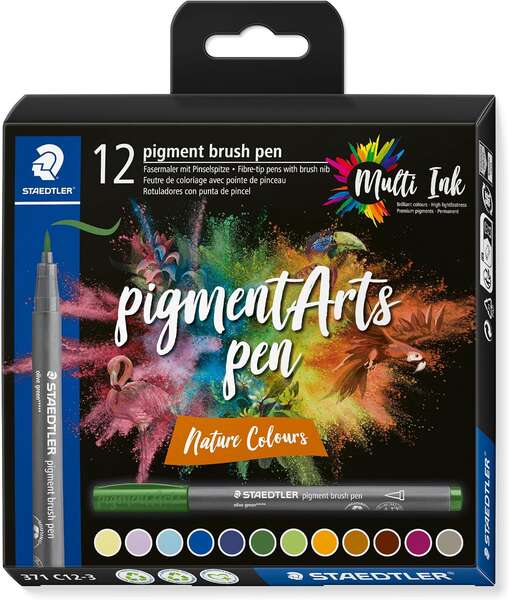 Staedtler 371 Pack de 12 Rotuladores Punta de Pincel Suave - Colores Vivos y Brillantes - No Amarillea con el Paso del Tiempo -
