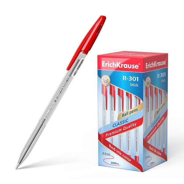 Erichkrause R-301 Boligrafo de Bola Punta 1.0mm - Trazo 0.5mm - Tinta de Secado Rapido - Cuerpo Transparente - Capuchon Ventilado - Color Rojo