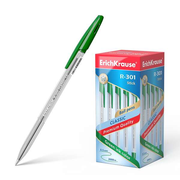 Erichkrause R-301 Boligrafo de Bola Punta 1.0mm - Trazo 0.5mm - Tinta de Secado Rapido - Cuerpo Transparente - Capuchon Ventilado - Color Verde