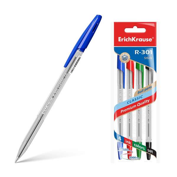 Erichkrause R-301 Pack de 4 Boligrafos de Bola Punta 1.0mm - Trazo 0.5mm - Tinta de Secado Rapido - Cuerpo Transparente - Capuchon Ventilado - Colores Azul, Negro, Rojo y Verde