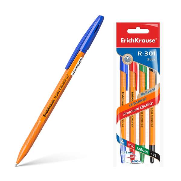 Erichkrause Pack de 4 Boligrafos R-301 Naranja Stick 0.7 - Cuerpo Hexagonal Opaco - Punta de 0.7mm - Tinta de Secado Rapido - Color Azul