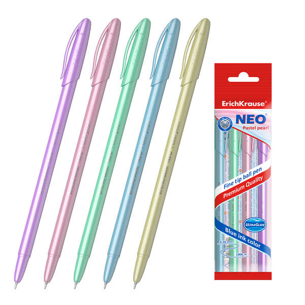 Erichkrause Pack de 5 Boligrafos Neo Pastel Pearl - Punta de Aguja Sofisticada - Tinta de Baja Viscosidad - Colores Pastel Perlados - Azul