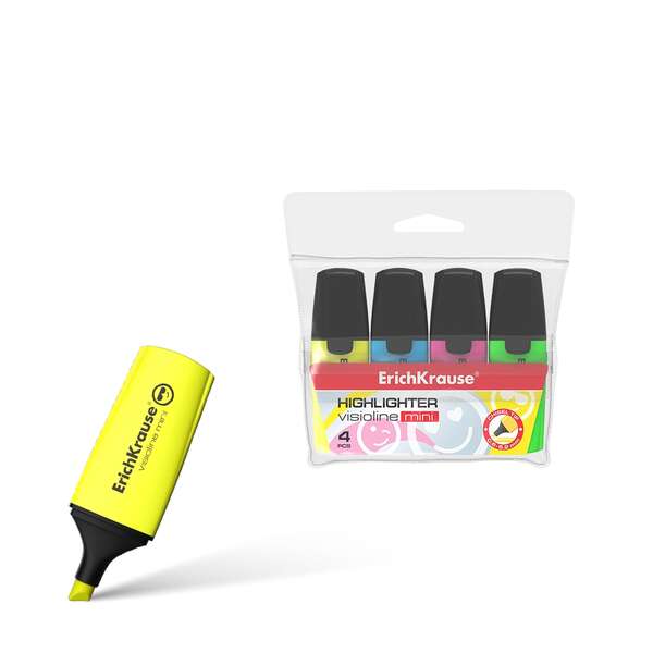 Erichkrause Visioline Mini Pack de 4 Marcadores - Miniformato con Divertidos Emoticonos - Colores: Amarillo, Verde, Azul, Rosa - Fluorescente