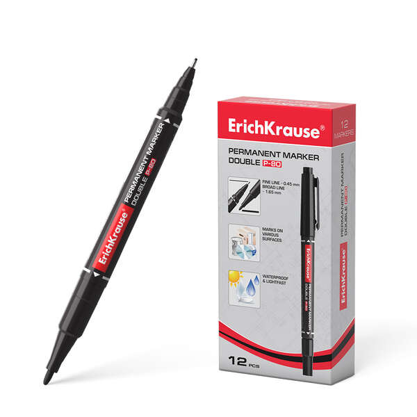 Erichkrause Double P-80 Marcador Permanente Doble Punta - Punta Bala de 1,65mm, Punta Fina de 0,45mm - Tinta a Base de Alcohol Resistente al Agua y a los Rayos UV - Color Negro