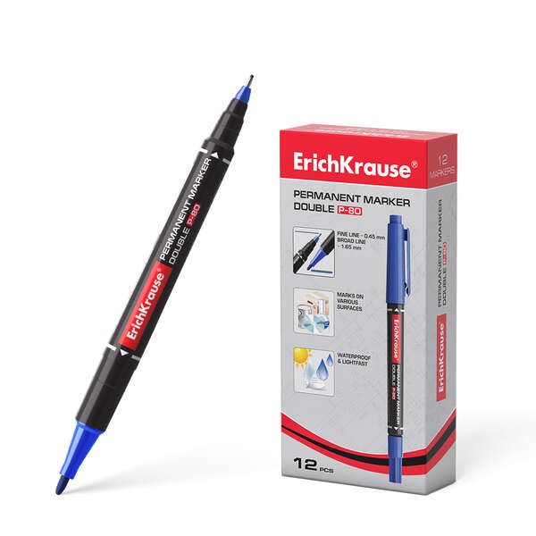 Erichkrause Double P-80 Marcador Permanente Doble Punta - Punta Bala de 1,65mm, Punta Fina de 0,45mm - Tinta a Base de Alcohol Resistente al Agua y a los Rayos UV - Color Azul