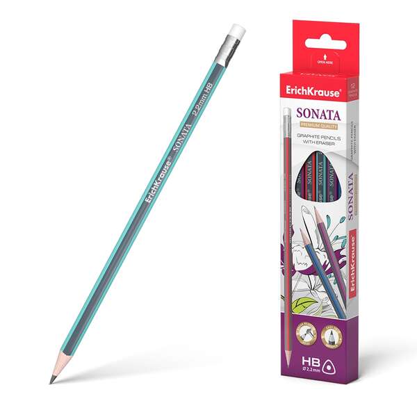 Erichkrause Sonata HB - Lapiz de Grafito Triangular con Goma de Borrar - Madera Seleccionada - Dureza HB - Resistente al Impacto - Facil Afilado - No Araña El Papel - Borrador de Dureza Media - Caucho Termoplastico Hipoalergenico - Color Negro