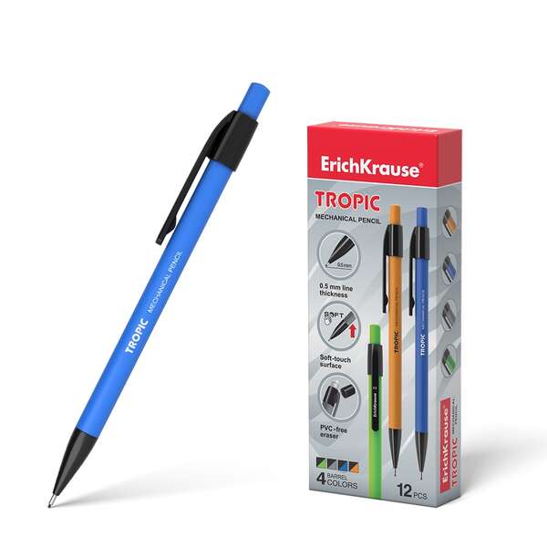 ErichKrause Tropic Portaminas - Boquilla Retractil y Revestimiento Soft Touch - Colores Mate Brillantes - con Borrador y Capucho