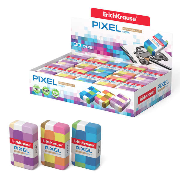 Erichkrause Pixel Goma de Borrar Suave de Forma Clasica - Fabricada de Caucho Termoplastico - Sin PVC - Colores Surtidos