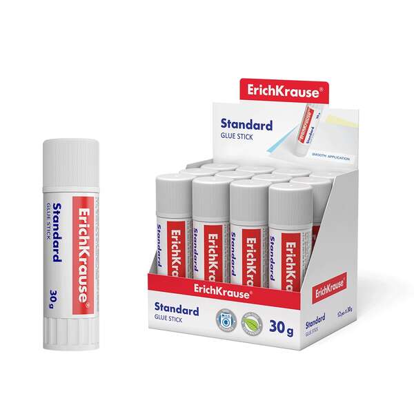 Erichkrause Pegamento en Barra Standard - 30G - Expositor 12 uds. - Pegado Rapido y Confiable - Facil de Aclarar con Agua - No Toxico - sin Disolventes - Resistente al Frio - Apto para Papel, Carton y Fotografias - Color Blanco