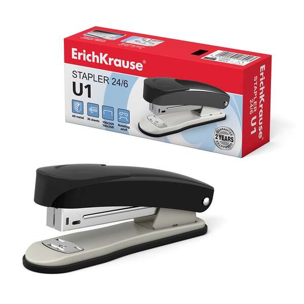 Erichkrause U1 Grapadora Metalica - Hasta 30 Hojas - Capacidad 100 Grapas 24/6 o 140 Grapas 26/6 - Grapado Permanente y Temporal