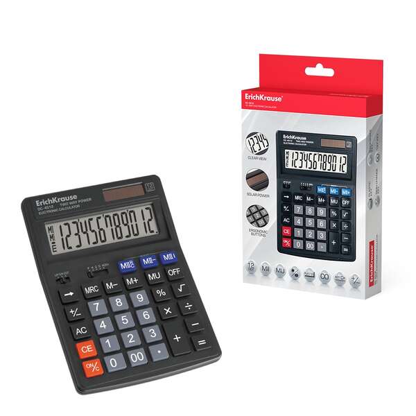 Erichkrause Calculadora Electronica de Sobremesa de 12 Digitos - Pantalla LCD de 12 Digitos - Memoria Doble - Funciones de Calculo Avanzadas - Color Negro