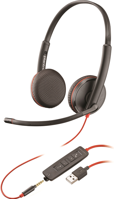 Plantronics/Poly Blackwire C3225 Auriculares con Microfono USB/Jack 3.5mm - Almohadillas Acolchadas - Controles en Cable - Color Negro