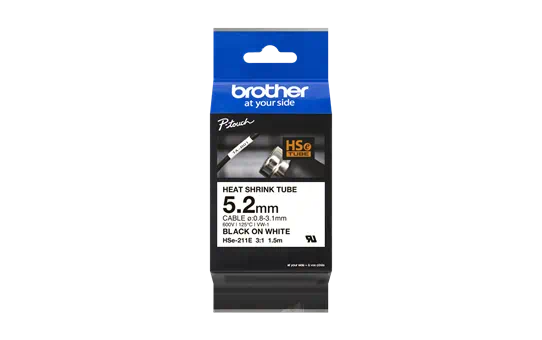 Brother HSE211E Cinta Tubo Termorretractil Original de Etiquetas para Cables - Texto negro sobre fondo blanco - Ancho 5.2mm x 1.5 metros - Cable recomendado Ø 0.8mm a 3.1mm