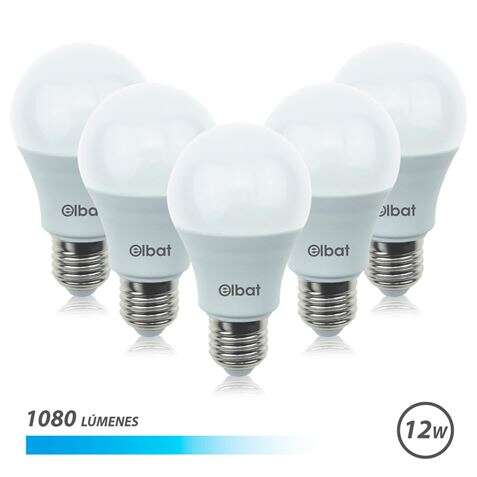 Elbat Pack 5 Unidades - Potencia 12W - Lumenes 1080 - Tipo de Luz 6500K Luz Fria - Casquillo E27 - Angulo 220º - Dimensiones 60X120mm - 30.000 Horas de Vida - 15.000 Encendidos