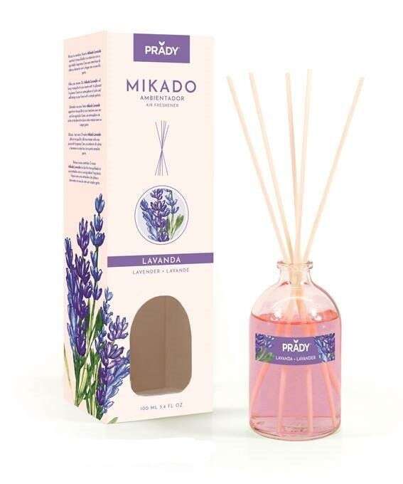 Prady Ambientador Mikado Lavanda - Frasco de Cristal 100ml y Varitas Difusoras