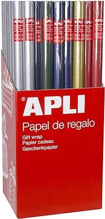 Apli Expositor de 55 Rollos de Papel Regalo Kraft - 11 Rollos por Color - Medidas del Rollo 0.70x2m - Colores Azul Oscuro, Verde Oscuro, Rojo, Oro y Plata