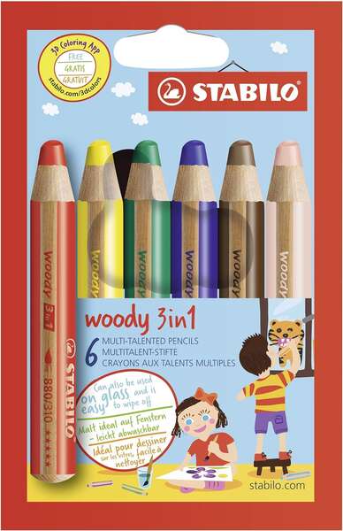 Stabilo Woody 3 en 1 Pack de 6 Lapices de Colores - Lapiz de Color, Cera y Acuarela, Todo en Uno - Mina XXL 10mm - Colores Surtidos