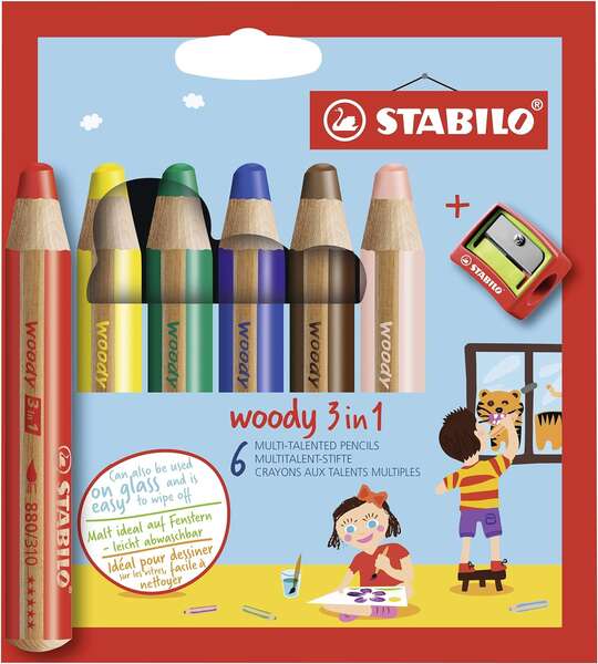 Stabilo Woody 3 en 1 Pack de 6 Lapices de Colores + Sacapuntas - Lapiz de Color, Cera y Acuarela, Todo en Uno - Mina XXL 10mm - Colores Surtidos