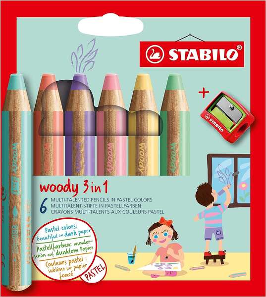 Stabilo Woody 3 en 1 Pack de 6 Lapices de Colores Pastel + Sacapuntas - Lapiz de Color, Cera y Acuarela, Todo en Uno - Mina XXL 10mm - Colores Surtidos Pastel