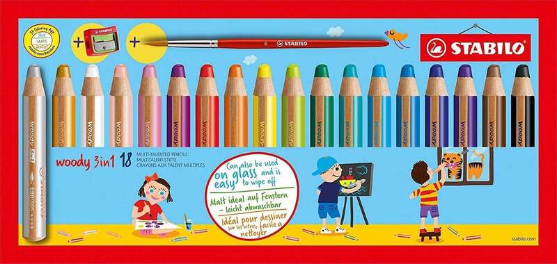 Stabilo Woody 3 en 1 Pack de 18 Lapices de Colores + Sacapuntas + Pincel Nº 8 - Lapiz de Color, Cera y Acuarela, Todo en Uno - M