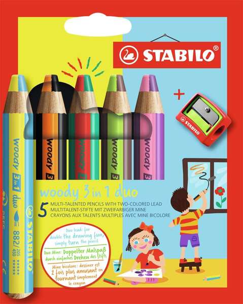 Stabilo Woody 3 en 1 Duo Pack de 5 Lapices de Colores + Sacapuntas - Mina 2 Colores XXL 10mm - Lapiz de Color, Cera  Acuarela, Todo en Uno - Colores Surtidos