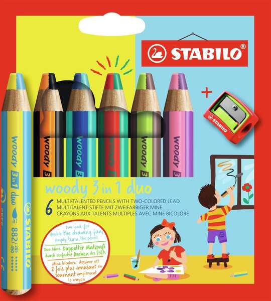 Stabilo Woody 3 en 1 Duo Pack de 6 Lapices de Colores + Sacapuntas - Mina 2 Colores XXL 10mm - Lapiz de Color, Cera  Acuarela, Todo en Uno - Colores Surtidos