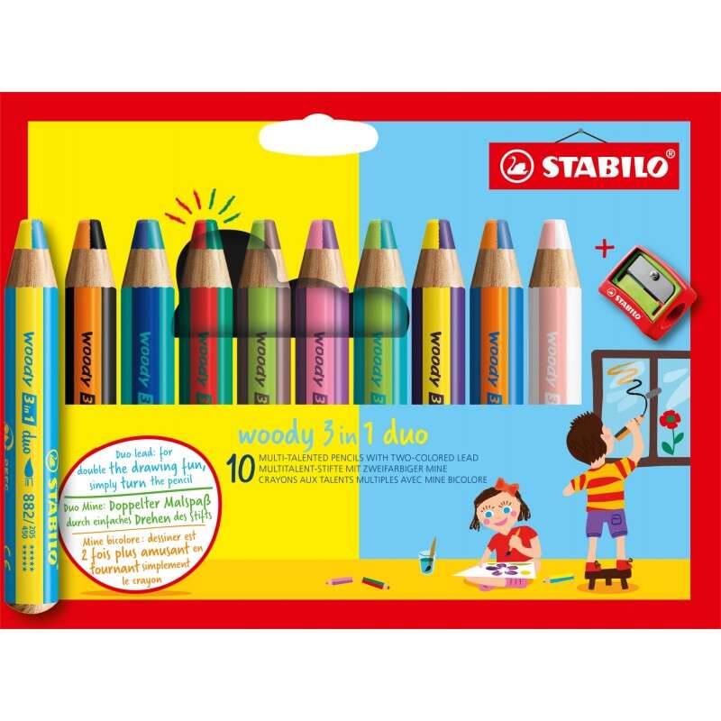 Stabilo Woody 3 en 1 Duo Pack de 10 Lapices de Colores + Sacapuntas - Mina 2 Colores XXL 10mm - Lapiz de Color, Cera  Acuarela, Todo en Uno - Colores Surtidos