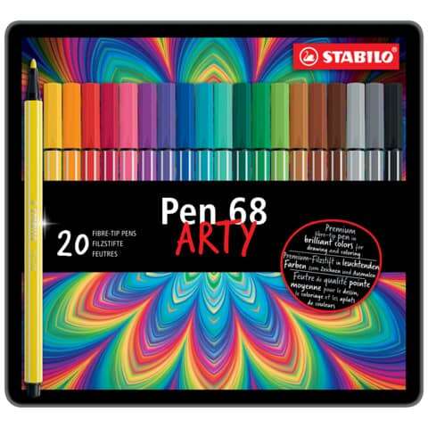 Stabilo Pen 68 Arty Caja Metalica de 20 Rotuladores - Punta de Fibra - Trazo de 1mm aprox. - Tinta a Base de Agua - Capuchon Ventilado - Colores Surtidos