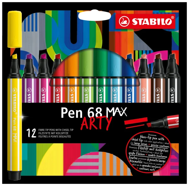 Stabilo Pen 68 MAX Arty Pack de 12 Rotuladores - Punta de Fibra Biselada - Trazo entre 1-5mm aprox. - Tinta a Base de Agua - Colores Surtidos