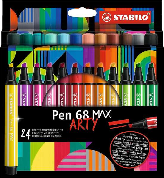 Stabilo Pen 68 MAX Arty Pack de 24 Rotuladores - Punta de Fibra Biselada - Trazo entre 1-5mm aprox. - Tinta a Base de Agua - Colores Surtidos