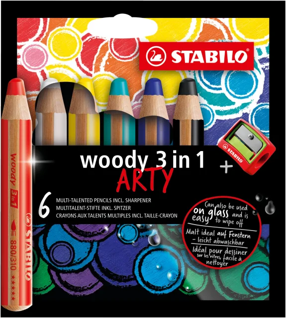 Stabilo Woody 3 en 1 Arty Pack de 6 Lapices de Colores + Sacapuntas - Lapiz de Color, Cera y Acuarela, Todo en Uno - Mina XXL 10mm - Colores Surtidos